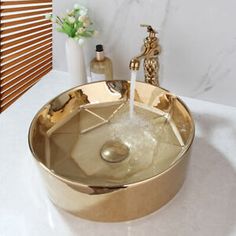 16" Luxury Gold Bathroom Ceramic Vessel Sink Basin Bowl Mixer Tap Pop Drain Set | eBay Wash Basin Design, Modern Pedestal Sink, Gold Faucet, Washroom Decor, Design Hacks, Low Estrogen, Washbasin Design, Turkish Tiles, Basin Design