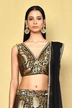 Black banarasi brocade lehenga with an attached cancan and floral pattern. Comes with a sequins and lace embroidered padded blouse and a dupatta. - Aza Fashions Brocade Lehenga, Banarasi Brocade, Padded Blouse, Set Women, Neck Pattern, Aza Fashion, Black Floral, Lehenga, Floral Pattern