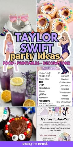 the flyer for taylor swift party ideas features pictures of cakes, drinks and desserts