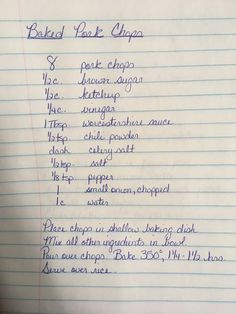 a handwritten recipe for baked pale chopa