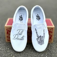 Perfect Slip On Shoes for the couple planning to be together forever. Converse Shoes Collection, Bachelorette Bags, Slip On Shoes For Women, Wedding Vans, Vans Slip On Shoes, Halloween Shoes, Future Wedding Plans