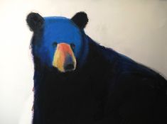 a painting of a black bear with blue, yellow and orange colors on it's face