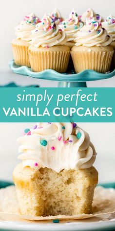 vanilla cupcakes with white frosting and sprinkles are on a plate