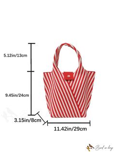 a red and white striped handbag is shown with the measurements for it to be displayed