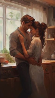 a painting of a man and woman embracing in the kitchen