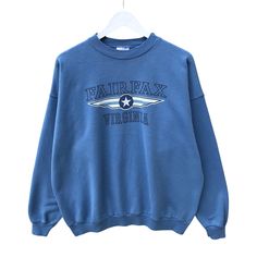 Vintage Fairfax Virginia Blue Sweatshirt XLarge Virginia Crewneck Fair Fax Virginia Sweater Pullover Spell Out Print Logo Fair Fax Jumper by brixtonclothing on Etsy Retro Blue Fall Sweatshirt, Fairfax Virginia, Kenzo Sweatshirt, Vintage Crewneck Sweatshirt, New Balance Blue, Vintage Crewneck, Vintage Vans, Birthday List, Blue Sweatshirt