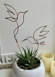 a plant in a white pot on a table next to some candles and a sign