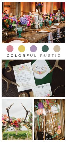 colorful wedding stationery with deer antlers, flowers and greenery on the table