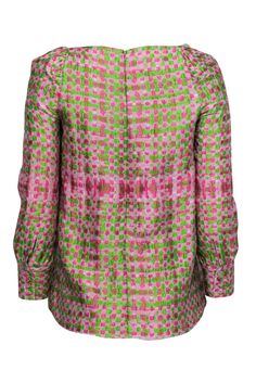 Go girly and whimsical with this textured treasure from Tuckernuck! Made with a metallic marbled look, this is the perfect puffed sleeve top to add some bright color to any outfit you want to be eye-catching! Size XS 82% Polyester, 18% Nylon Relaxed silhouette Square neckline Long puffed sleeves Woven texture Zippered back Waist 36” Total length 25” Multicolor Fitted Blouse With Balloon Sleeves, Fitted Multicolor Balloon Sleeve Blouse, Fitted Multicolor Blouse With Balloon Sleeves, Textured Long Sleeve Fall Blouse, Textured Long Sleeve Blouse For Fall, Fall Textured Long Sleeve Blouse, Fitted Textured Blouse For Spring, Pink Silk Tops For Fall, Fitted Green Blouse For Spring