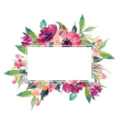 watercolor flowers and leaves frame on a white background