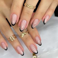 PRICES MAY VARY. 💅【Exquisite Designs】Sparkly press on nails short almond with swirl design is exquisite and luxury that people fall in love with in first eyes, which perfect for traveling, wedding, selfie, portray, dating, daily, surprise, shopping, party, bride, new year, summer, spring 💅【Say Goodbye To Nail Polish】 New upgraded exquisite fake nails kit with design help you to say goodbye to nail polish. Cut the time for wearing, brushing nail polish, and drying in a UV lamp, finish to home m Pink Nail With Black Tip, Party Nail Art Designs, Holiday Sparkly Nails, Almond Red Glitter French Tip Nails, Basic Almond Christmas Nails, Almond Candy Cane Nails, Nail For Party, Almond Nails For New Years, French Manicure New Years Nails