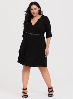 Plus Size Black Jersey Belted Shirt Dress, DEEP BLACK Office Clothing, Jersey Shirt Dress, Striped Jersey Dress, Knit Skater Dress, Mesh Bodycon Dress, Chiffon Midi Dress, Belted Shirt Dress, Black Jersey, Feel Pretty