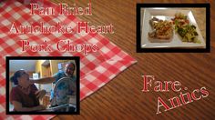 two pictures of people sitting at a table with food in front of them and the words pan fried avocado heart pork chops