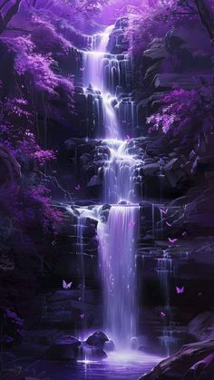 a painting of a waterfall surrounded by trees and butterflies in the night sky with purple hues