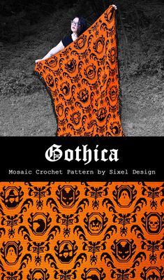 a woman is holding an orange and black scarf in front of her face, with the words goth on it