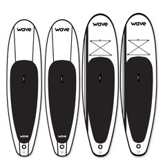 three surfboards with the names wave on each one side and bottom, all in black and white