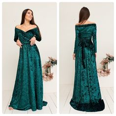 "Long Emerald dress made from exclusive marble velvet with even more rich shine and glow. This is the dress you'd wear for the red carpet and It gives exactly that feeling. This dress is made with long tight sleeves to make your arms look elegant. The open neckline with an off-sleeve design. The skirt is floor length with a train and a high slit. The belt adjusts into a beautiful bow at the back that completes the image.  Every dress is made to order and can be customized by your measures to fit just right.  ► Large color selection. We try to offer every possible color. (and you can always write me to request the hint) ► Floor-length design with the 44\" (112cm) skirt and a 12\" (30 cm) train. ► Full Customization Options:  length, sleeves, cleavage, etc. ► Production time: 5-7 business da Velvet Dress Off Shoulder, Long Sleeve Dress Maxi, Emerald Velvet Dress, Long Train Dress, Off Shoulder Maternity Dress, Dark Green Velvet Dress, Velvet Dress Maxi, Emerald Dress, Emerald Velvet