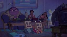 an animated family sitting at a dining table