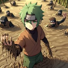 an anime character is in the mud with his hands out and other people behind him