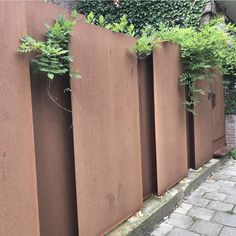 a row of planters on the side of a wall next to a brick walkway