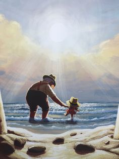 a painting of a man and child playing in the water at the beach with sun shining down