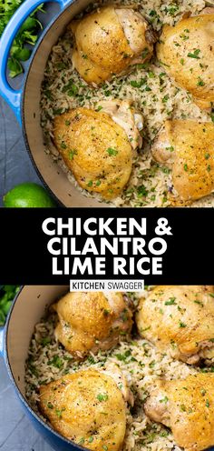 chicken and cilantro lime rice in a skillet with the title above it