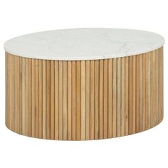 a round white marble table with wooden slats on the top and bottom, against a white background