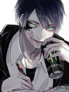 an anime character holding a drink and looking at the camera with his hand on his face