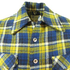 "Vintage 60s John Morley Plaid Camp Shirt M Blue Yellow Wool Button Front Pockets Brand: John Morley Size M Measurements: Chest: 22\" underarm to underarm Sleeve length: 24\" Length: 28\" from shoulder to hem Pre-owned No defects noted" Vintage Plaid Tops With Snap Buttons, Vintage Plaid Tops With Button Closure, Vintage Yellow Top With Pockets, Retro Fall Tops With Snap Buttons, Vintage Plaid Shirt With Snap Buttons, Vintage Blue Shirt With Pockets, Retro Plaid Tops With Buttons, Vintage Blue Top With Button Closure, Yellow Retro Top With Button Closure