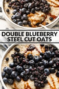 two bowls filled with blueberries and oatmeal on top of each other