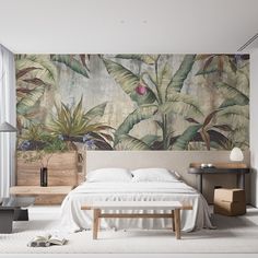 Shabby Jungle Wallpaper | Buy Online | Happywall Jungle Wallpaper Tropical Prints, Green Jungle Wallpaper, Wallpaper Tropical, Gray Tree, Green Jungle, Teenager's Room, World Map Art, Tropical Prints, Jungle Wallpaper