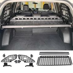 the back end of a van with its cargo trays and front seats folded open