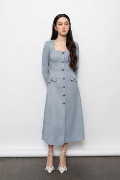 Spring Tweed Button Dress, Spring Wool Fitted Midi Dress, Elegant Knee-length Tweed Dress With Button Closure, Fitted Tweed Dress With Button Closure, Fitted Tweed Winter Dress With Buttons, Fitted Midi-length Tweed Dress For Fall, Fall A-line Tweed Dress, Square Neck Winter Workwear Dress, Elegant Spring Tweed Dress With Button Closure