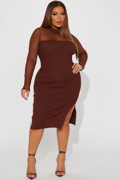 Available In Brown And Black. Mock Neck Midi Dress Yoke Mesh Cut Out Long Sleeve Ribbed Stretch Body: 68% Rayon 32% Polyester Mesh: 100% Polyester Imported | Rosie's Lust Mock Neck Midi Dress in Brown size Medium by Fashion Nova Jlo 2000s Fashion, Jlo 2000s, Mock Neck Midi Dress, Black Mock Neck, Xl Fashion, Fashion Nova Dress, 2000s Fashion, Brown Fashion, Matching Dresses