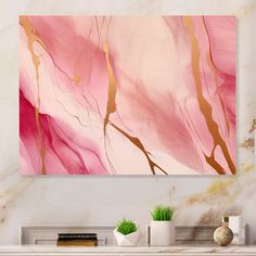 an abstract painting on a wall in a living room with white and pink furniture, vases and bookshelves