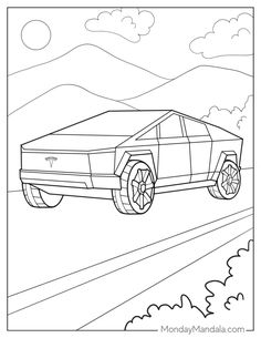 a drawing of a car flying through the air with mountains and clouds in the background