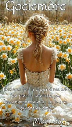 the back of a woman's dress in front of daffodils with text that reads, golemore