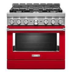 a red oven with two burners on the front and one in the back, against a gray background