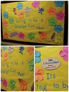 this bulletin board is decorated with flowers and words