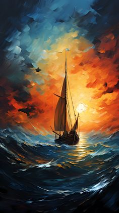 a painting of a sailboat in the ocean at sunset