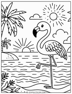 a flamingo standing on top of a beach next to the ocean with palm trees