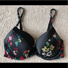 Vs Victorias Secret Very Sexy Push-Up Bra Floral Black Multi 32d New Nwt Padded Victoria's Secret Padded Push-up Bra, Victoria's Secret Push-up Bra With Lined Body, Victoria's Secret Fitted Floral Print Bra, Victoria's Secret Spring Push-up Bra, Victoria's Secret Pink Floral Print Bra, 32d Bra, Victoria's Secret Push-up Bra Friendly Tops, Happy Wife, Push Up Bra