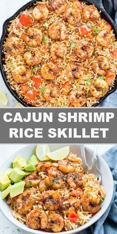 cajun shrimp rice skillet with avocado, tomatoes and limes in it