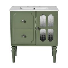 a green cabinet with two drawers and one door on the side, in front of a white sink