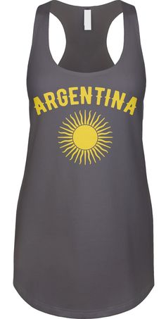 Show your Argentina pride We prefer to print this design on Next Level's LADIES Ideal Racerback Tank Top line which is 60% combed ringspun cotton/40% polyester (yes, that is the good soft stuff, not the cheap scratchy kind), but if those are not available from our supplier for the size and color you'd like we will use a comparable brand as a replacement to get you your item as soon as possible with the same quality and feel you've come to expect from Next Level. The design is printed and shipped Novelty Clothing, Sports Fan, Soccer Jersey, Racerback Tank Top, Coat Of Arms, Sizing Chart, Racerback Tank, Womens Clothing Tops, Cold Water