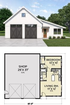 the floor plan for this two story garage is shown with an open living area and one bedroom