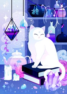 a white cat sitting on top of a book in front of a shelf filled with bottles