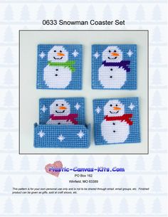 four snowman coasters are shown in blue and white