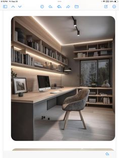 an image of a computer desk in the middle of a room with bookshelves