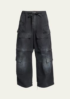 Find BALENCIAGA Large Cargo Pants on Editorialist. Balenciaga cargo pants with fading and distressing Regular rise Button and drawstring fastening Multiple pockets Full length Wide legs Cotton/polyester Made in Italy Baggy Distressed Utility Pants, Utility Style Distressed Washed Black Bottoms, Washed Black Distressed Utility Bottoms, Balenciaga Cargo Pants, Balenciaga Mens, Wide Legs, Bottoms Pants, Cargo Pants, Balenciaga